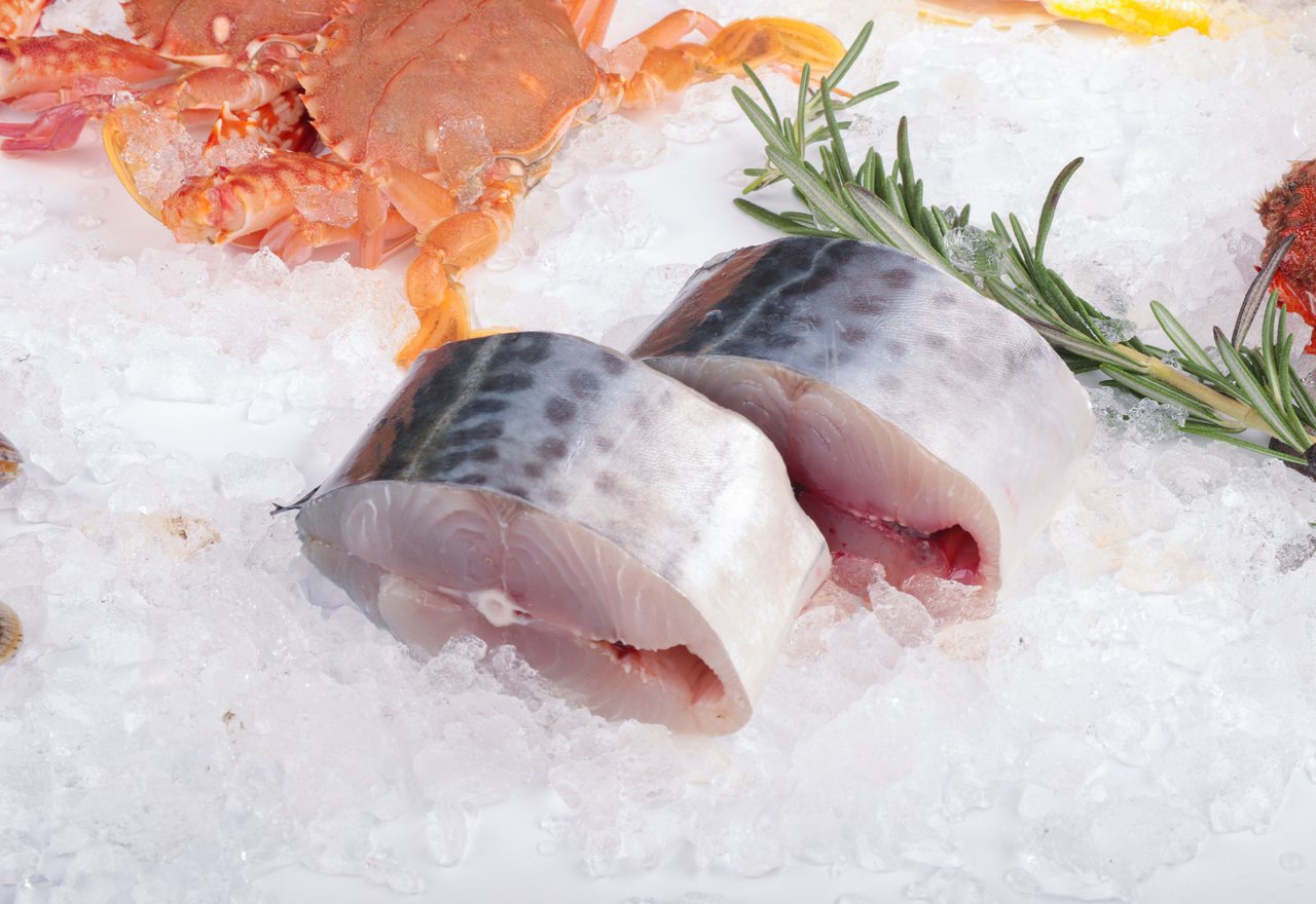 Frozen seafood displayed on crushed ice