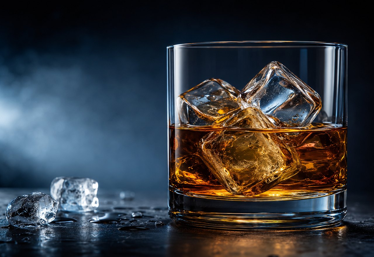Whisky served with clear ice cubes