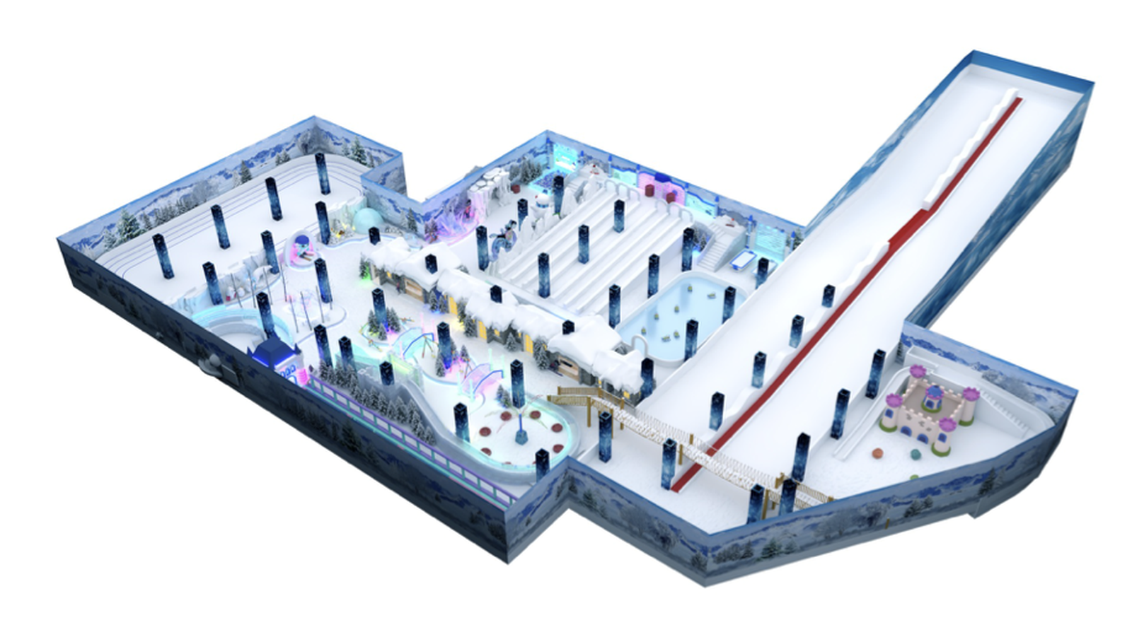 3D concept model for an indoor snow park with snow play and ice attractions