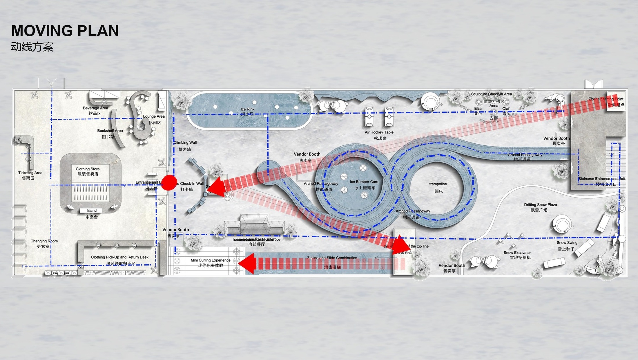 Indoor snow park visitor circulation and safety route plan