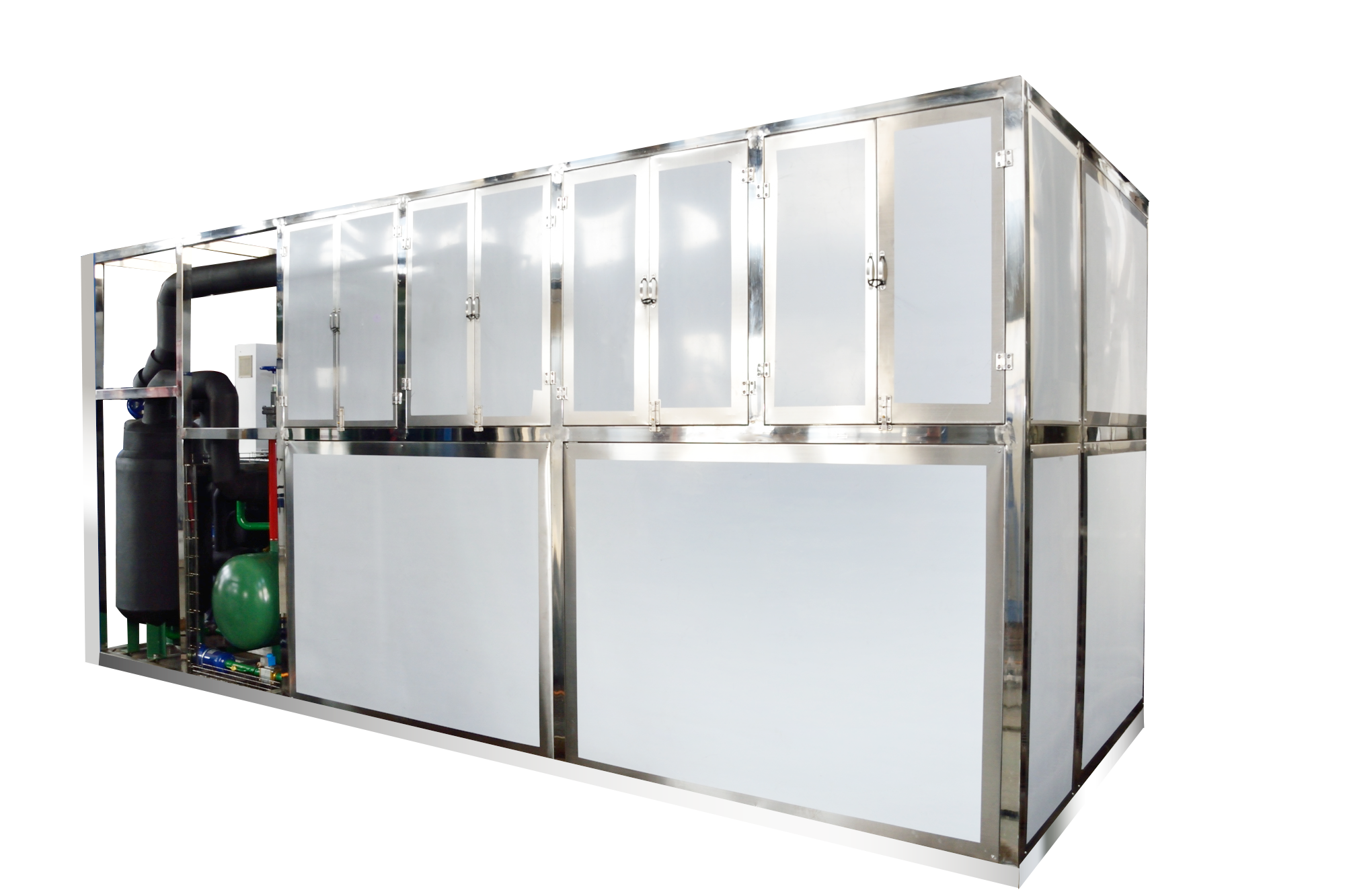 Industrial plate ice machine for bulk cooling and ice storage