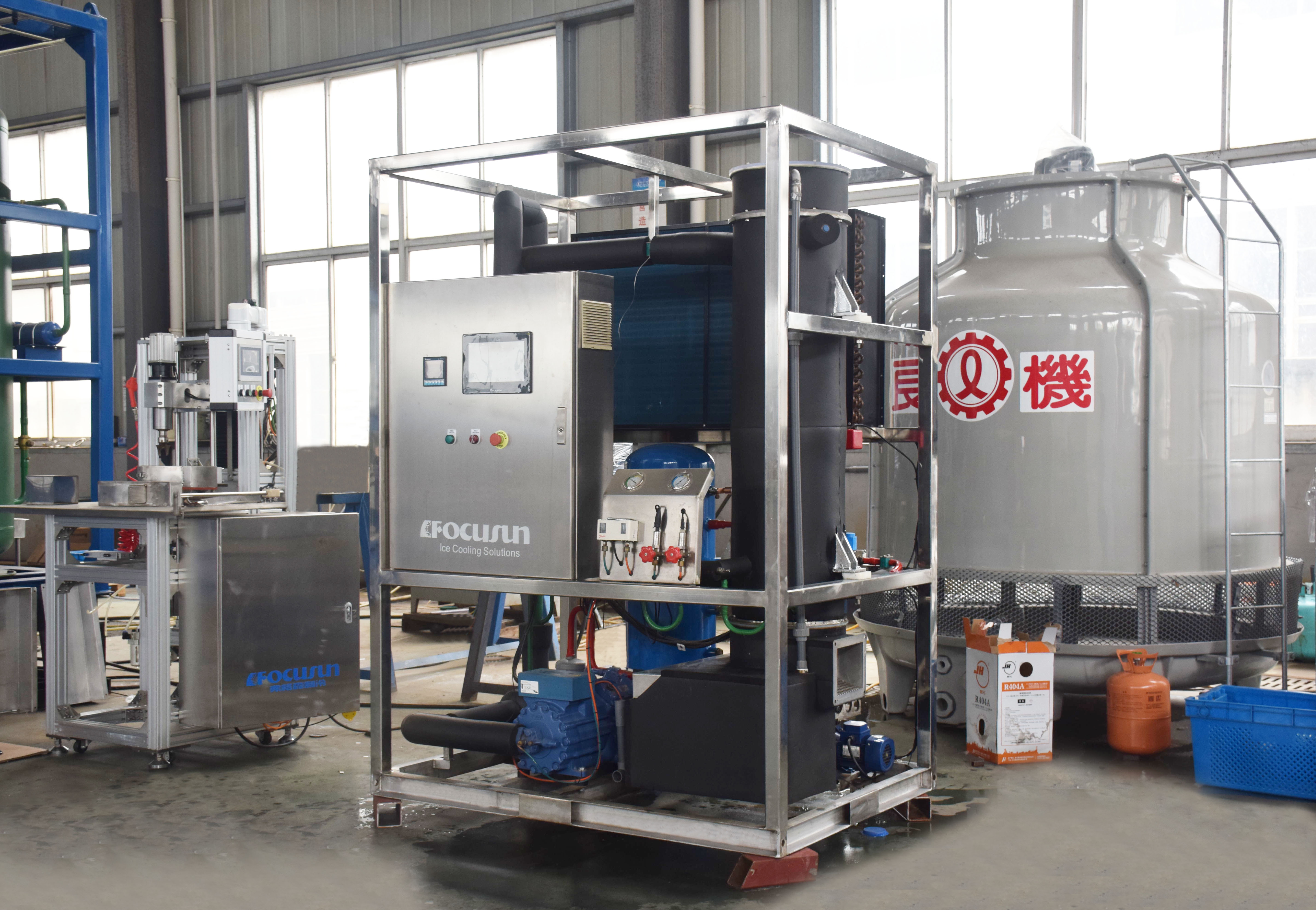 Tube ice equipment and refrigeration components in a manufacturing workshop