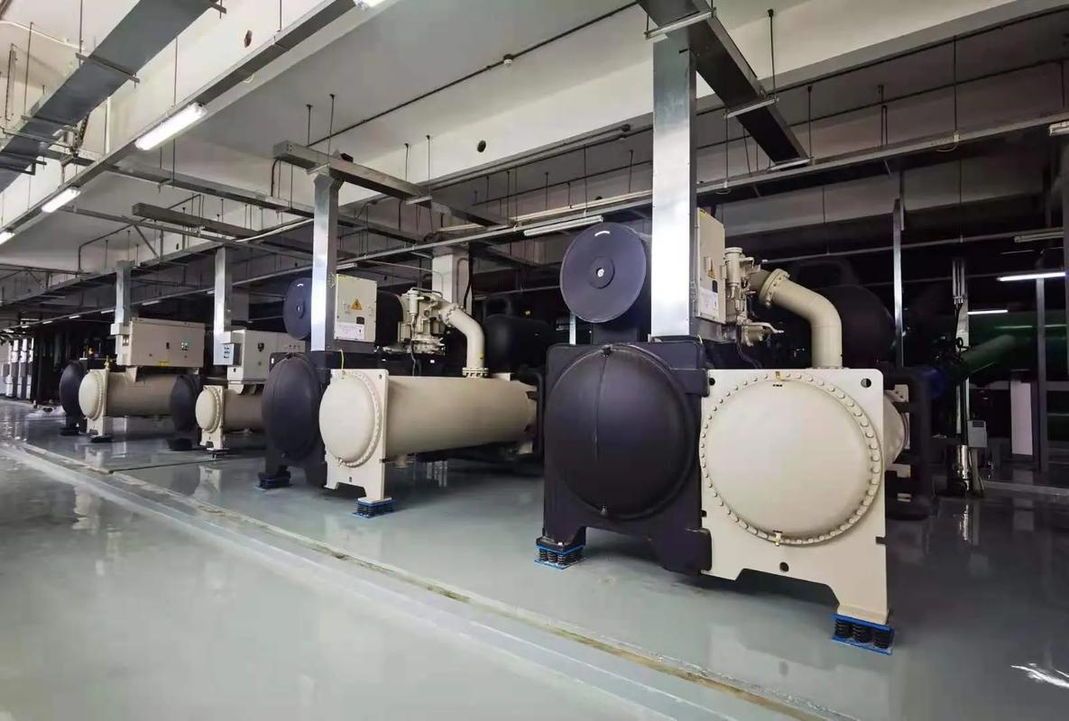 Magnetic bearing centrifugal chiller units installed in a central plant room