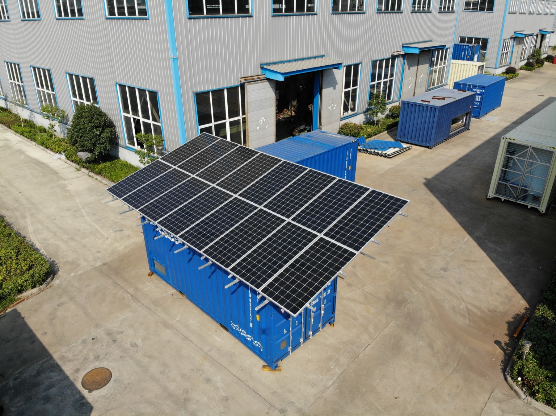 Solar powered cold storage container at a refrigeration equipment factory